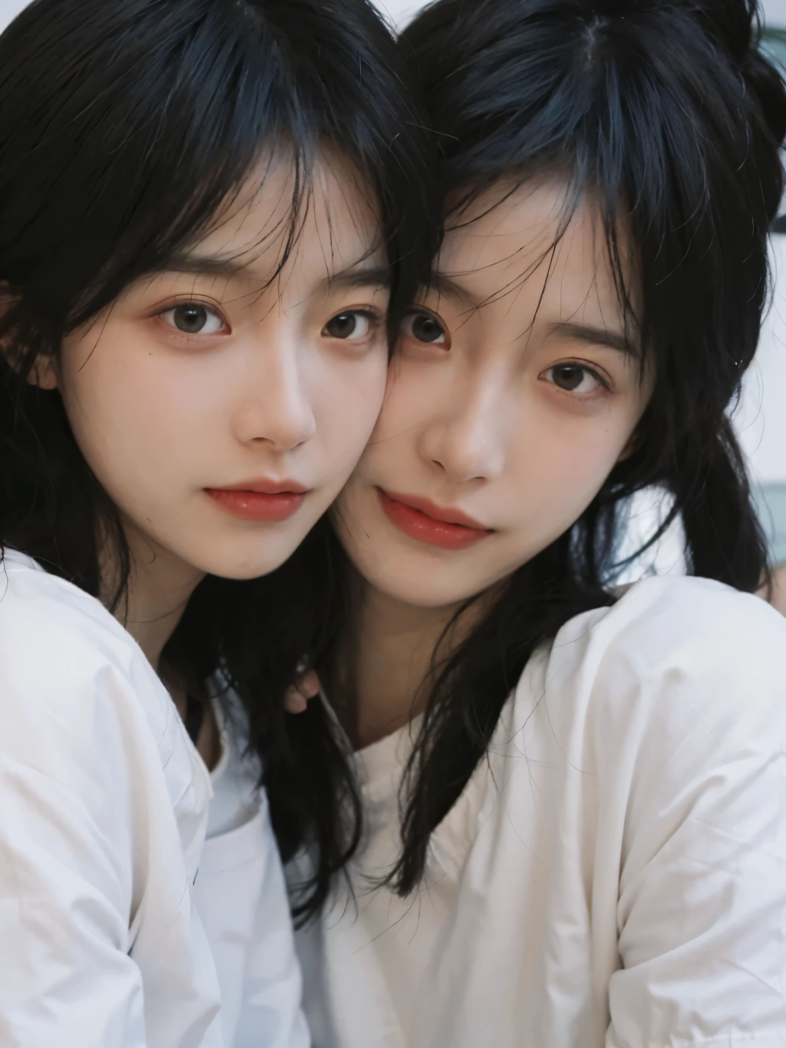 best quality, ultra high resolution, White background,16K,(realistically:1.4), 2 girls, White short sleeves,twin,A pair of eyes as clear as snow,Royal sister,looking at the audience, close up ,