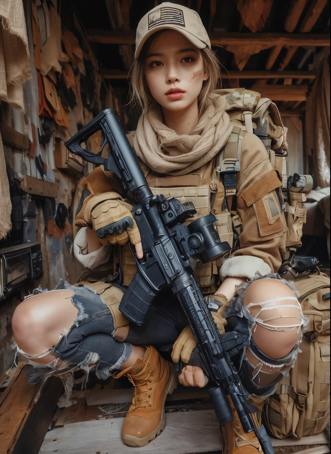 photorealistic、realistic skin texture、automatic rifle、Woodlands