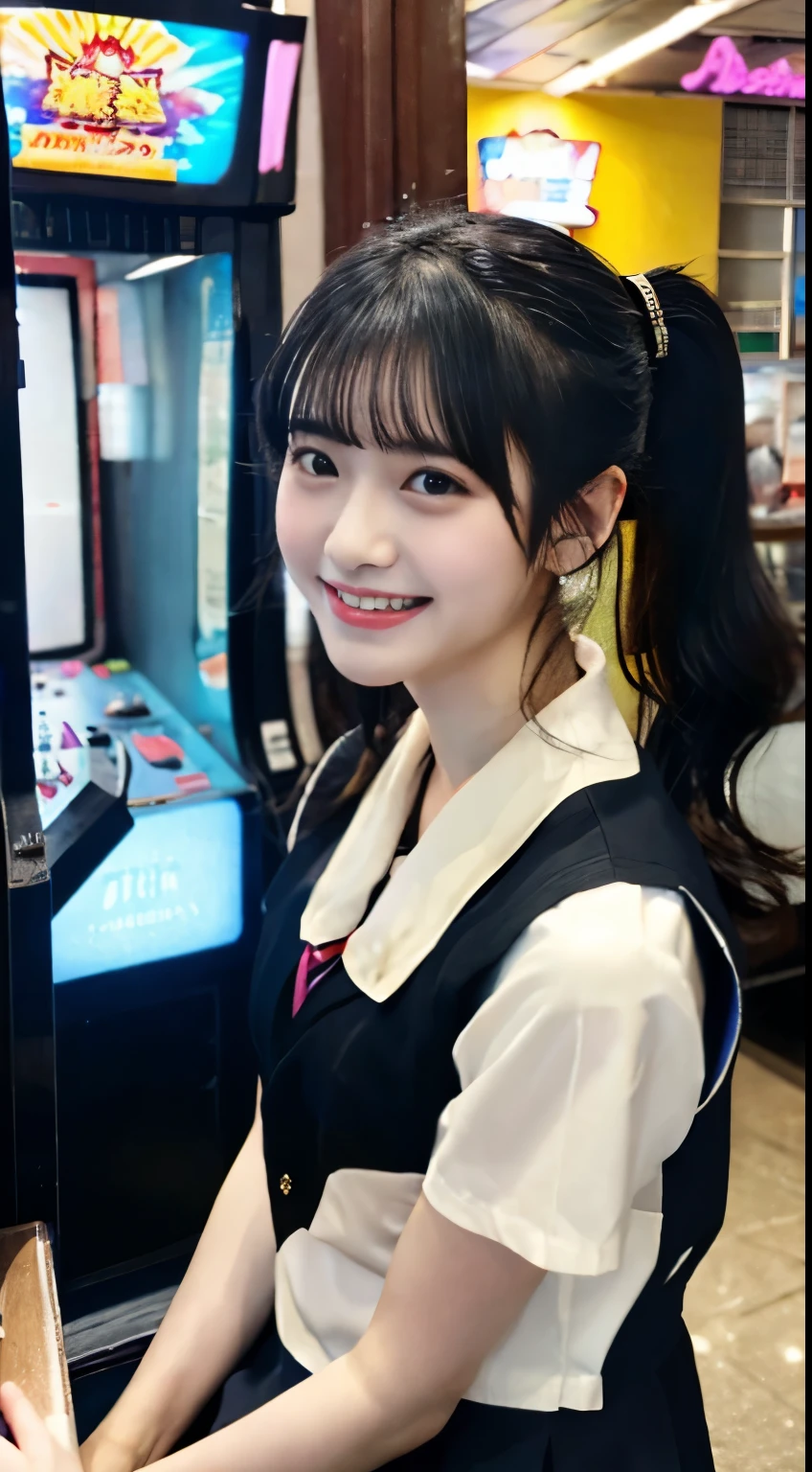 masterpiece, best quality,   kawaii face, black hair, ponytail,  {{}}, A high school girl playing Street Fighter II in a video arcade,
She is looking at the screen, laughing, and tapping the game's cabinet, 