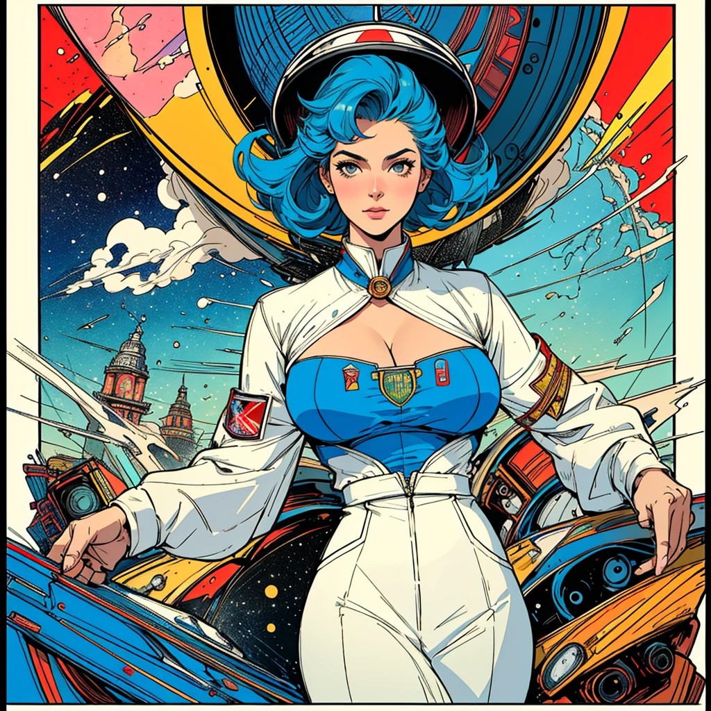 (((highest quality))),masterpiece,1 woman,((the perfect person)),((Super beautiful woman)),detailed perfect face,retro,vintage,classic,60's,70's,80's,old movie posters,abstract,((スペーススリラーmovie poster)),(Futuristic),Geometric pattern,very delicate,movie poster_white frame,universe,Milky Way,planet,,propaganda,universe飛行士,breast enhancement,simple,(big breasts),(cleavage),