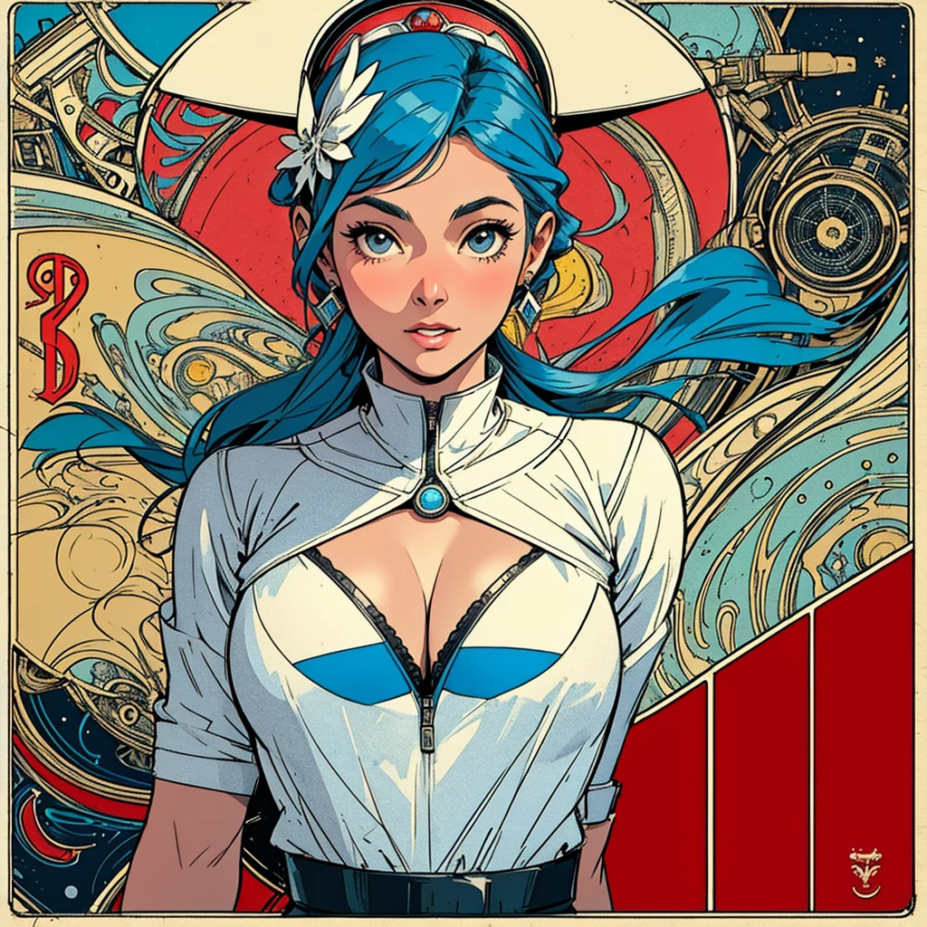 (((highest quality))),masterpiece,1 woman,((the perfect person)),((Super beautiful woman)),detailed perfect face,retro,vintage,classic,60's,70's,80's,old movie posters,abstract,((スペーススリラーmovie poster)),(Futuristic),Geometric pattern,very delicate,movie poster_white frame,universe,Milky Way,planet,,propaganda,universe飛行士,breast enhancement,simple,(big breasts),(cleavage),