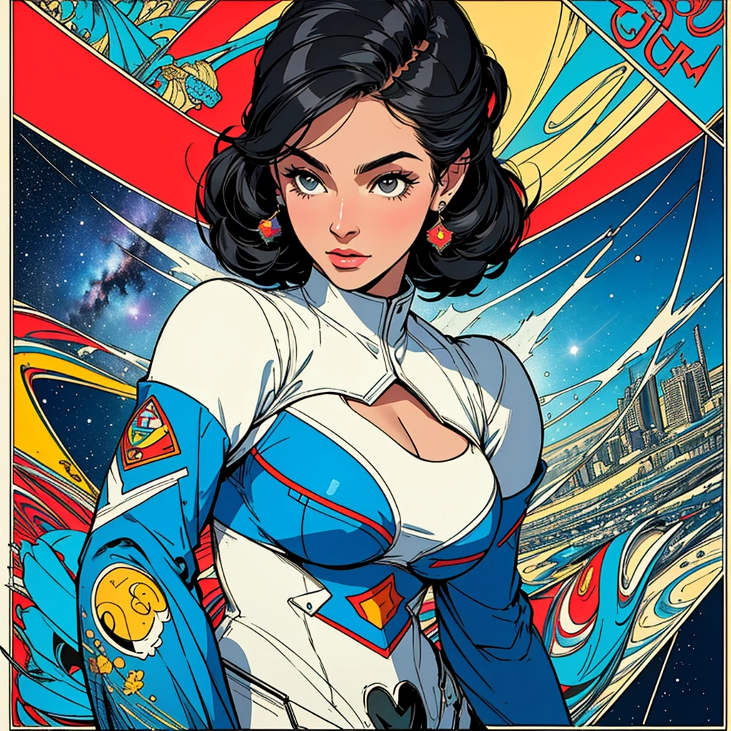 (((highest quality))),masterpiece,1 woman,((the perfect person)),((Super beautiful woman)),detailed perfect face,retro,vintage,classic,60's,70's,80&#39;s,old movie posters,abstract,((スペーススリラーmovie poster)),(Futuristic),Geometric pattern,very delicate,movie poster_white frame,universe,Milky Way,planet,,propaganda,universe飛行士,breast enhancement,simple,(big breasts),(cleavage),