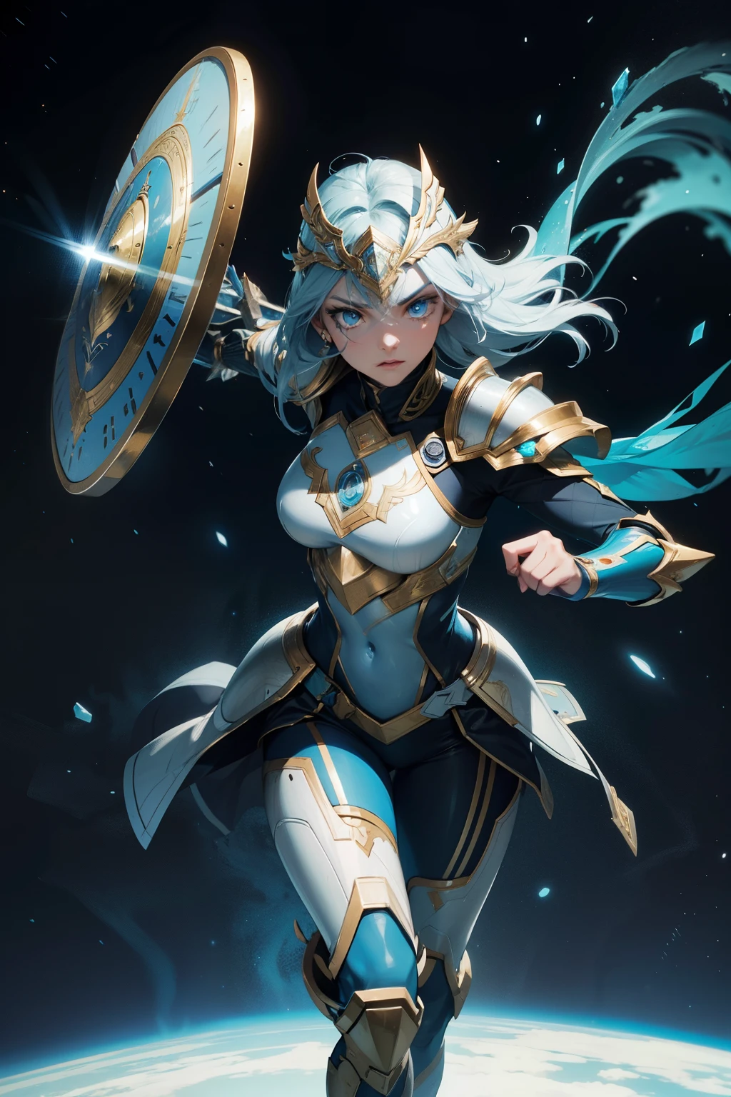 Space Warrior with Shield:
This illustration showcases a brave and powerful space warrior, clad in advanced armor, wielding a shield that gleams with an otherworldly radiance. The warrior's determined expression radiates courage and strength. The shield, intricately designed, features intriguing symbols and holographic markings that shimmer with each movement. The warrior's sleek helmet covers the upper part of their face, while their piercing blue eyes remain visible, conveying a fierce gaze. The detailed armor showcases a variety of textures and layers, demonstrating the highest picture quality and attention to detail. The warrior's pose is dynamic, with one leg slightly bent and
