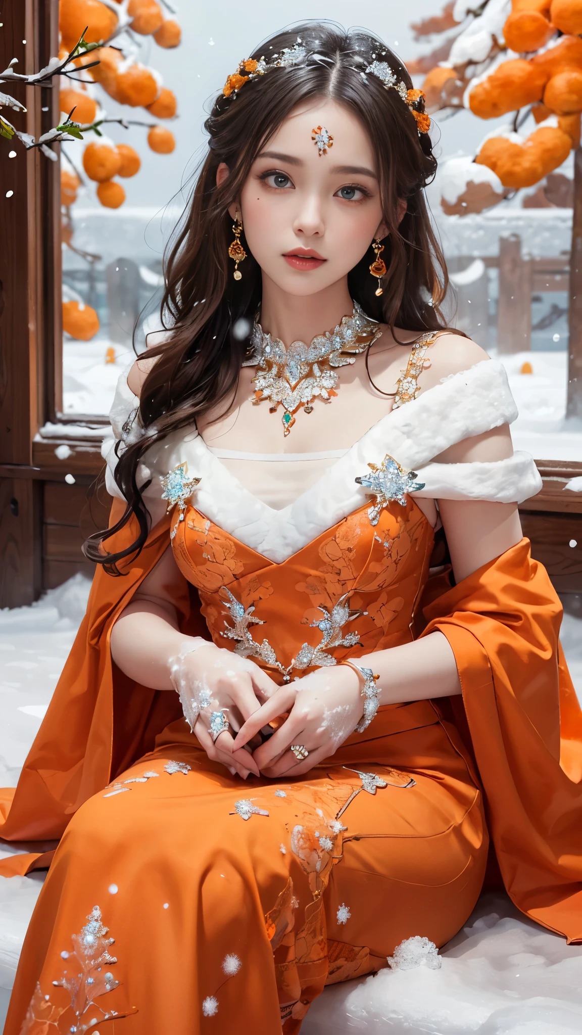 8k, masterpiece, 1 girl, beautiful face, very long hair, light makeup, detailed eyes, detailed lips, small bust, winter dress, orange dress, (wearing jewellery:1.8), (orange lace:1.4), ((snow falling:1.4)), sitting,