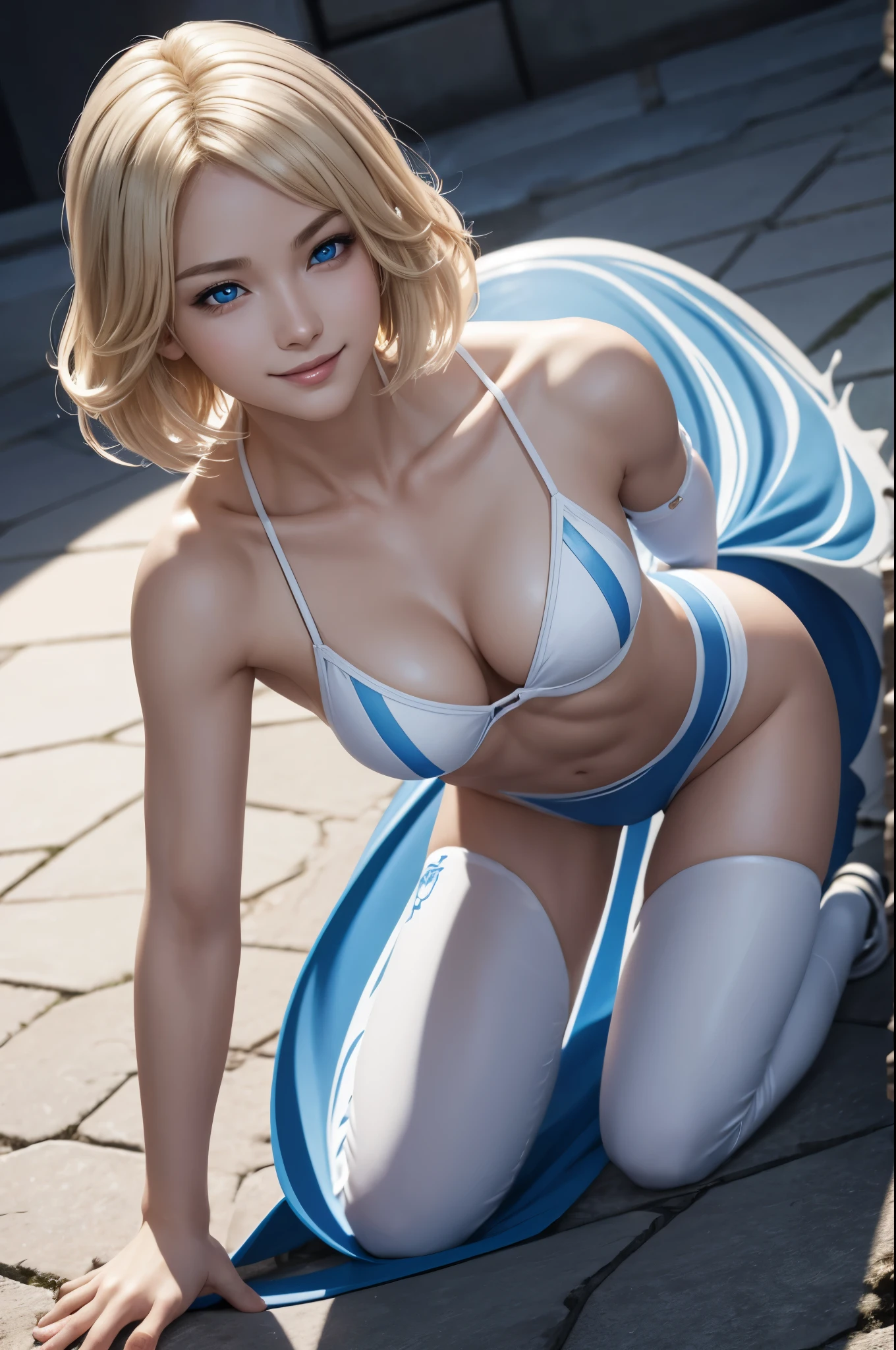 8K、crawl on all fours,A woman wearing a blue and white ギルドスタッフのSexy衣装 is taking the photo.、smooth CG art、glossy white skin、8K high quality detailed art、Photorealistic anime girl rendering、fan art best art station、smooth digital concept art、highly detailed characters、white shiny skacy art,character art、blonde short perm hair、slim muscular body、赤と白のSexy衣装、skinny macho、Super high resolution、surreal、split blue eyes,Sexy,smile,ultra high resolution,Super realistic,realistic skin,fantasy art,character art,seductive pose,Sexina Pose,perspective from above,Emphasize cleavage,