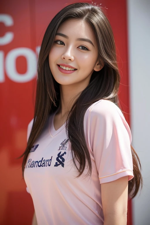 (8ก, best quality, Masterpiece:1.2), (realistic, realistic:1.37), Special details, 1 girl,cute,alone,Beautifully detailed sky,date,(Blush),(smile:1.15),(gag)small breasts,Beautifully detailed eyes,(long hair: 1.2),floating hair NovaFrogStyle, upper body, (Liverpool FC shirt,England)