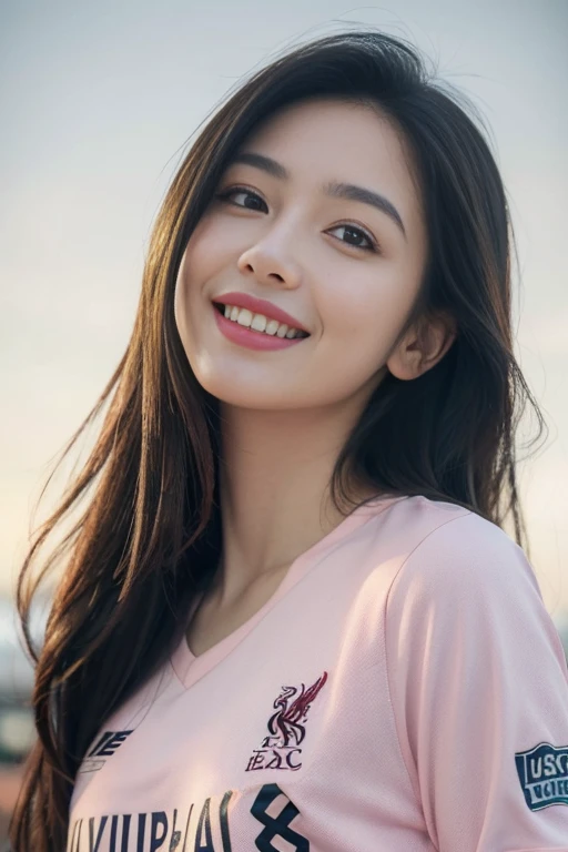 (8ก, best quality, Masterpiece:1.2), (realistic, realistic:1.37), Special details, 1 girl,cute,alone,Beautifully detailed sky,date,(Blush),(smile:1.15),(gag)small breasts,Beautifully detailed eyes,(long hair: 1.2),floating hair NovaFrogStyle, upper body, (Liverpool FC shirt,England)