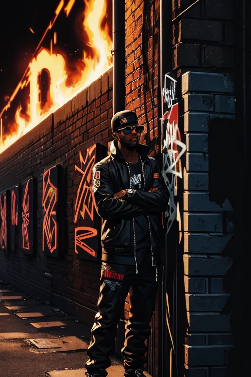 spray paint letters black man and sunglasses on brick wall and letters graffiti and lines of fire, cyberpunk style, graffiti background on the wall, best quality, masterpiece, digital art style, details, graffiti letters, gta style
