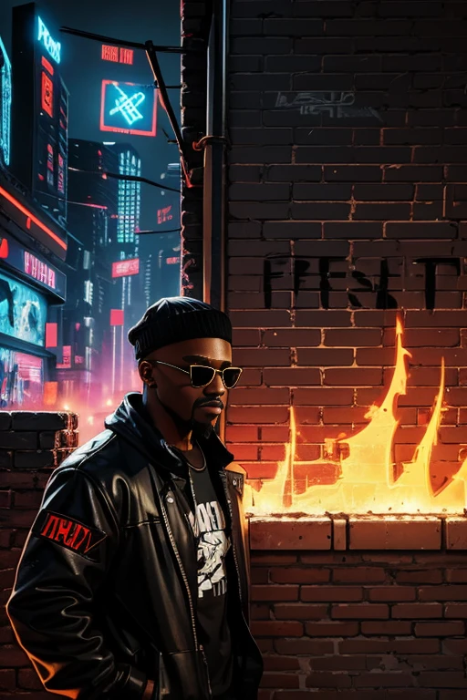 spray paint letters black man and sunglasses on brick wall and letters graffiti and lines of fire, cyberpunk style, graffiti background on the wall, best quality, masterpiece, digital art style, details, graffiti letters, gta style