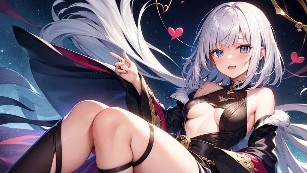 super high quality, with a girl, 20-year-old, very short hair, long bangs between the eyes, pale blue eyes , very detailed,(masterpiece、highest quality)、alone、gray hair、laughter、fantasy, silver hair, black eye, beautiful eyes,, ecstasy, charm, be smitten with audience, fantasyな風景、evening、heart mark