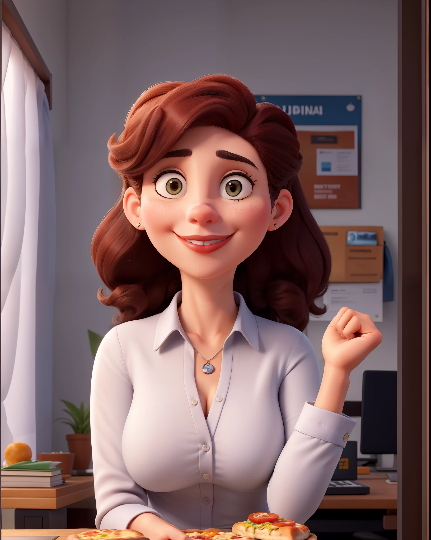 Por favor, create a series of high-quality portraits of the character Aurora Arruda, A young and successful Brazilian businesswoman. She's a young woman, por volta de seus 28 anos, de pele branca, Cabelos lisos, compridos e ((castanhos)) que atingem a cintura. Em cada retrato, Aurora comendo uma fatia de pizza, looking directly at the camera. Furthermore, gostaria de explorar diferentes estilos de roupas para Aurora em cada retrato. She will be dressed in a navy blue polo collar shirt, jeans liso sem estar rasgado e saltos. Make sure the portraits convey Aurora's personality and versatility as a successful businesswoman in her new office. Por favor, provide a series of full-body images that highlight Aurora Arruda's beauty and confidence in different situations and with different looks, Creating a Collection of Stunning Portraits.