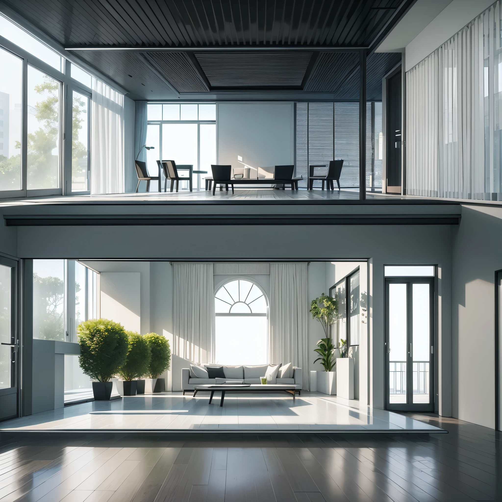 You are a famous interior designer、You have been asked to create a 3D image of a modern large room. Create a harmonious environment with modern and minimalist furniture. Including garden interior.