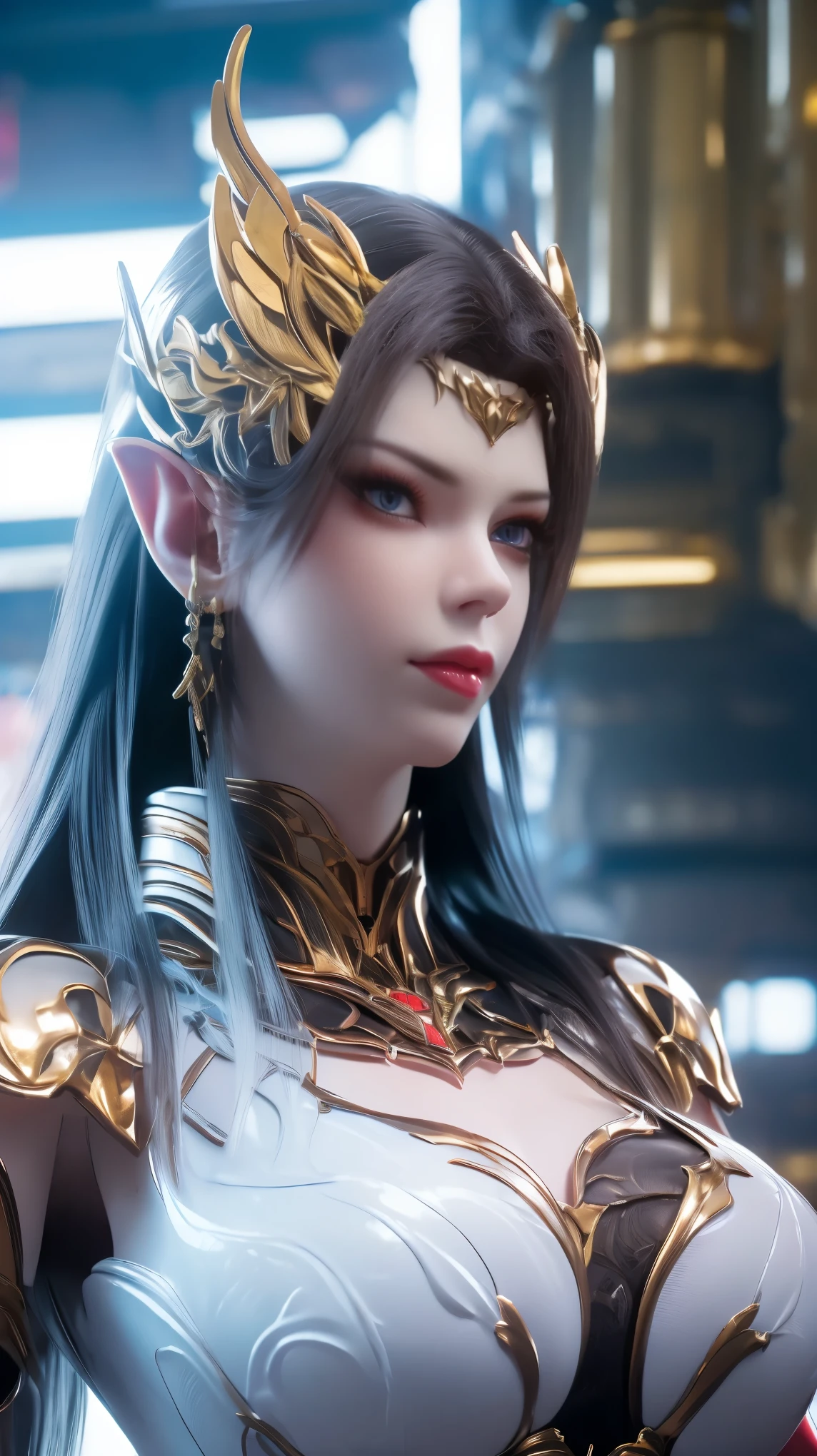 A beauty girl with black hair, 1GIRL, (PHOENIX GOLD HELM), (BIG BUTTOCKS, HUGE FAKE BREAST:1.5), ((CLEAVAGE:1.5)), (MUSCLE ABS:1.3), ((MECHA GUARD ARMS,DIAMOND CORE IN MECHA:1.1)), (RED SHINY FUTURISTIC MECHA CROP TOP GEAR, BLACK MECHA SKINTIGHT SUIT PANTS, CLOSE UP HALF BODY:1.5), (PERFECT THICK BODY, GLOWING SKIN:1.1), (LOOKING AT VIEWER:1.3), (PORTRAIT:1.5), (WALKING HALLWAY OF FUTURISTIC SPACE STATION:1), (BRIGHT LIGHT WHITE_ROOM:1.3), HYPER TEXTURE, UNREAL ENGINE RENDER, PHYSICALLY-BASED RENDERING, ULTRA HIGHT DEFINITION, 16K, 1080P.