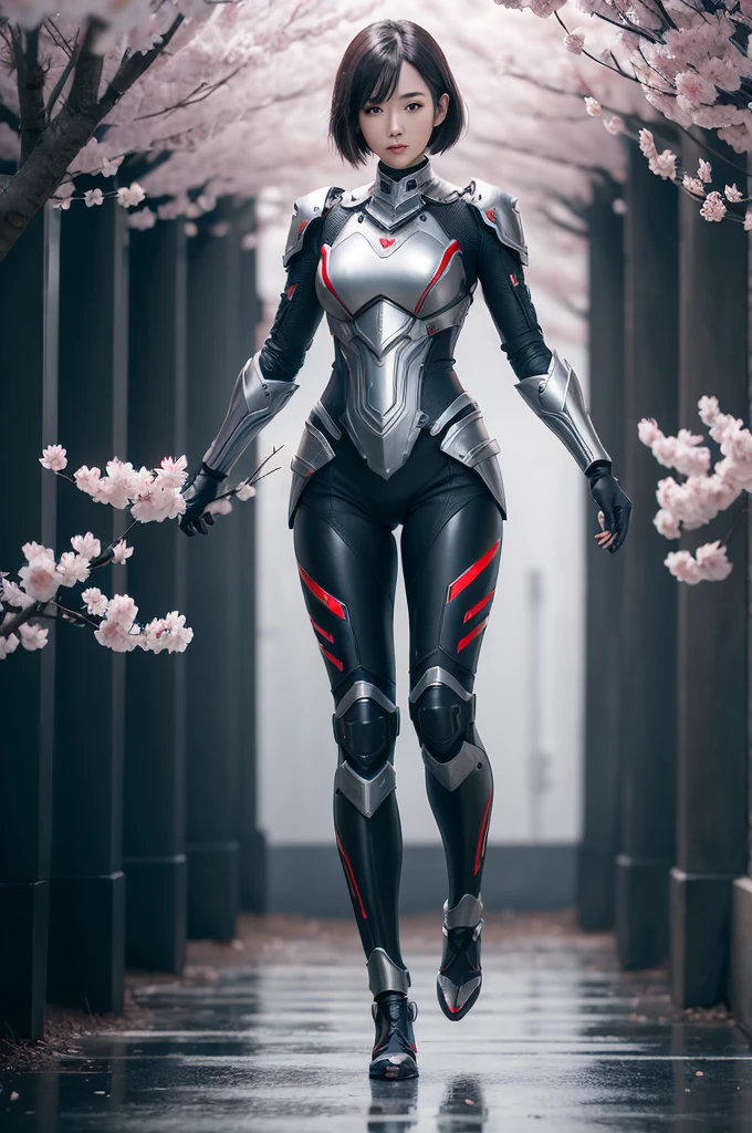 (((full body photo)))
beautiful japanese young woman, wearing ninja armor, thick symmetrical features, very short hair, background is cherry blossoms, silver aura, red lips, octane render,