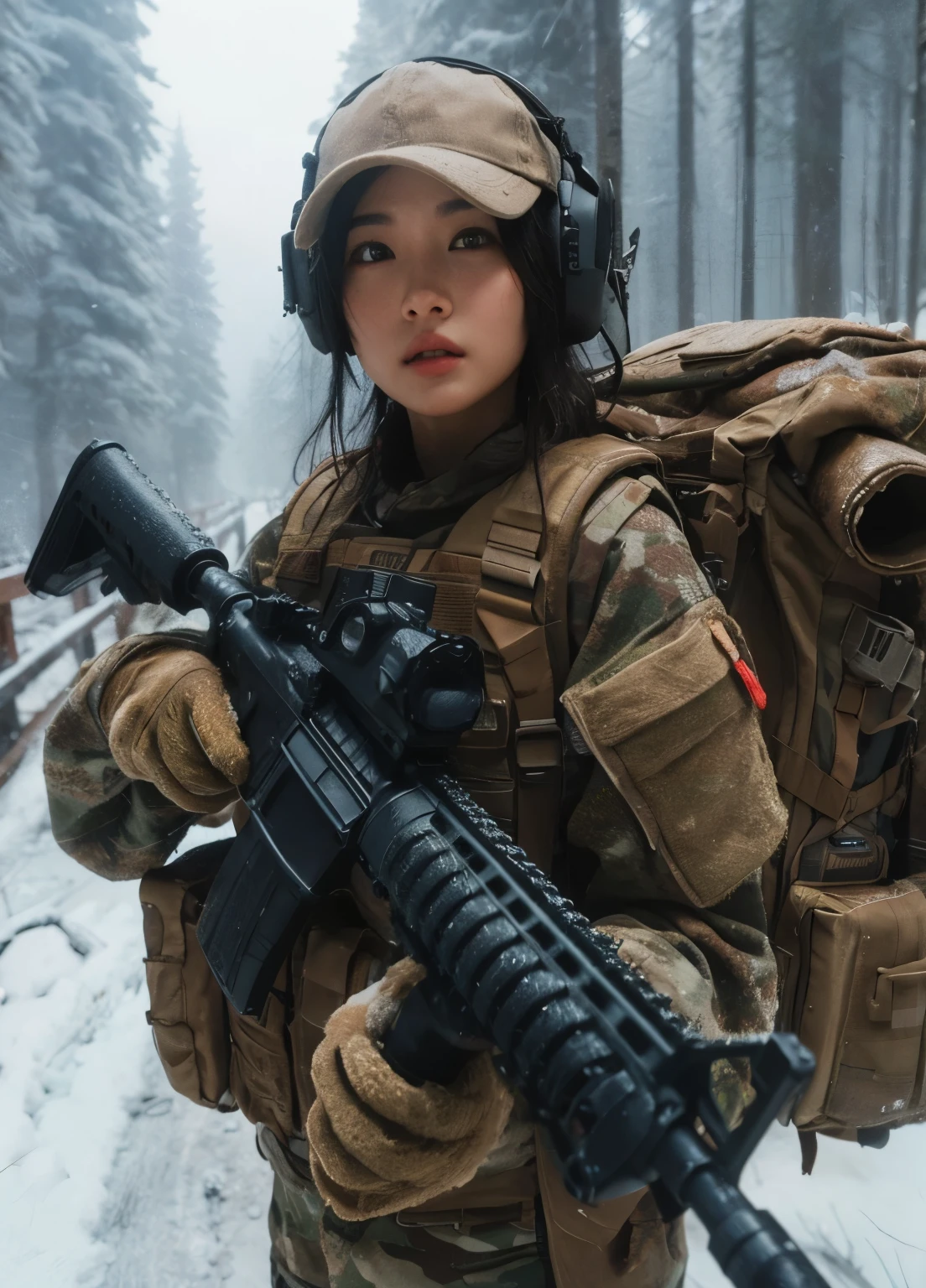 photorealistic、realistic skin texture、automatic rifle、Woodlands