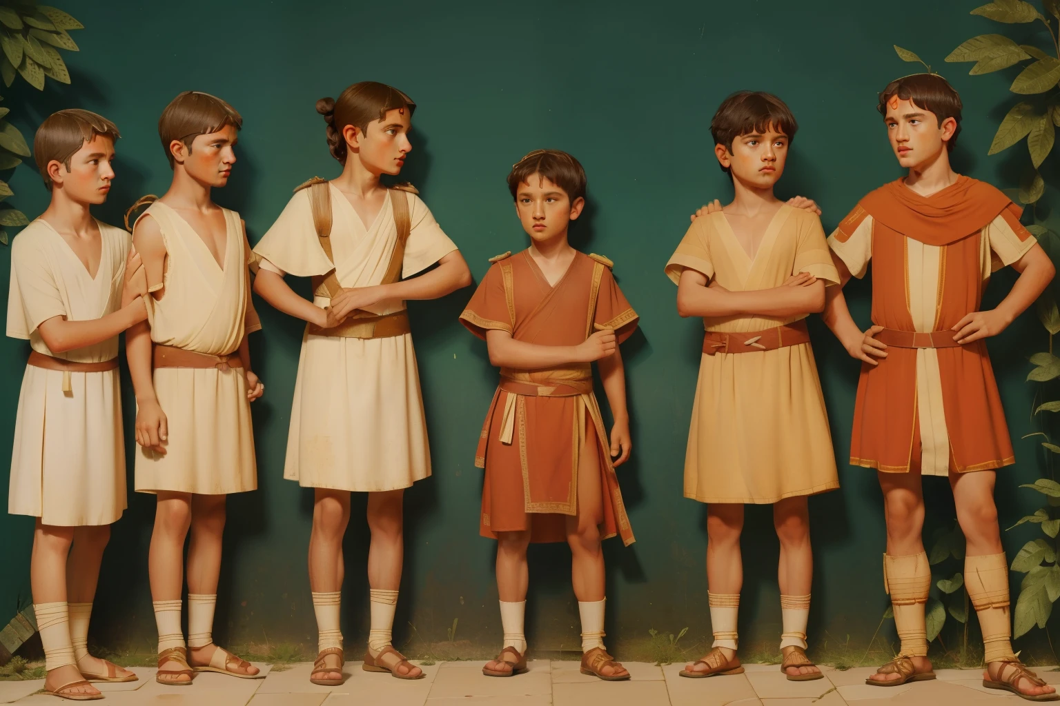 Rome, 77 BC. A little ((((9-year-old)) Julius Caesar)), with his friend Titus Labienus, standing in formation, Campus Martius, ((serious expression)). ((((roman clothings from the 1st century BC)))) ((ancient rome hairstyle))
