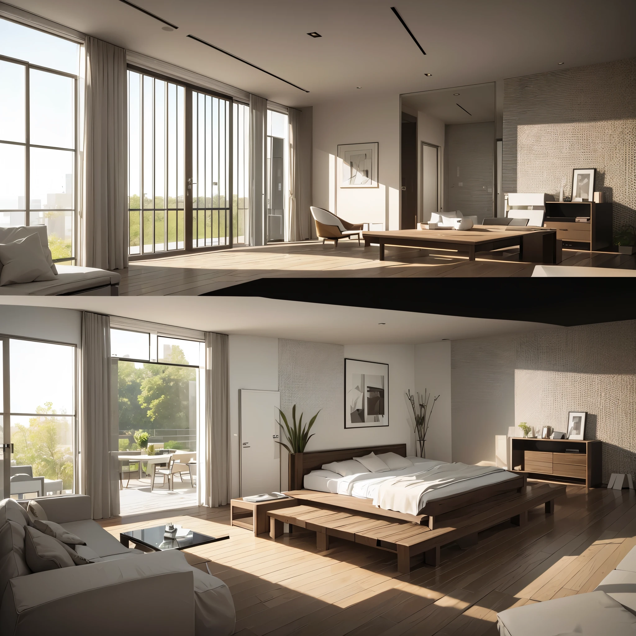 You are a famous interior designer、You have been asked to create a 3D image of a modern large room. Create a harmonious environment with modern and minimalist furniture. Including garden interior.
