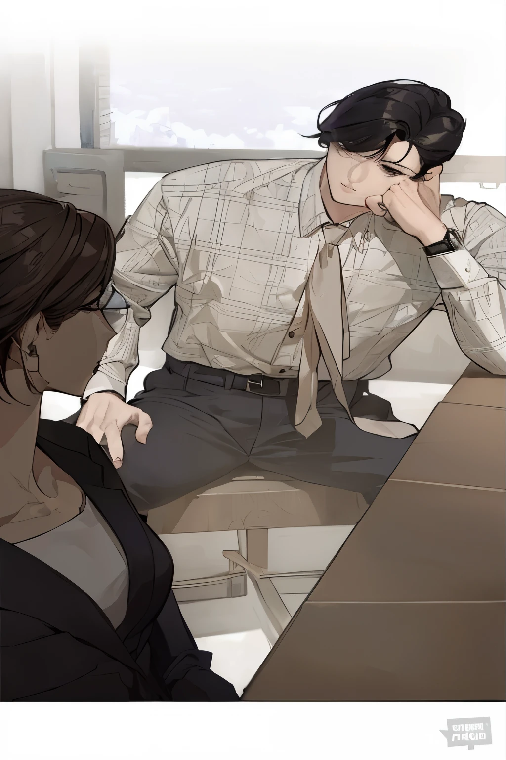 arafed image of a man and a woman sitting at a table, (sfw) safe for work, really realistic, illustration!, accurate detail, perspicious detail, sui ishida art manga, forcing him to flee, manhwa, immensely detailed scene, realistic footage, photorealistic - h 6 4 0, semi-realistic, semi - realistic