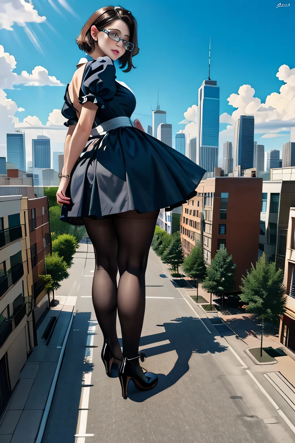 giantess art, 非常に詳細なGiantショット, Giant, short hair, black pantyhose, A maid that is much bigger than a skyscraper, wearing rimless glasses, big breasts, big butt, navy maid uniform, black pantyhose, black shoes, very small metropolis, miniature metropolis, full body description, gts, giga giantess, stomping city, crash city, tiny city, micro city, maid, a plan of a city, 