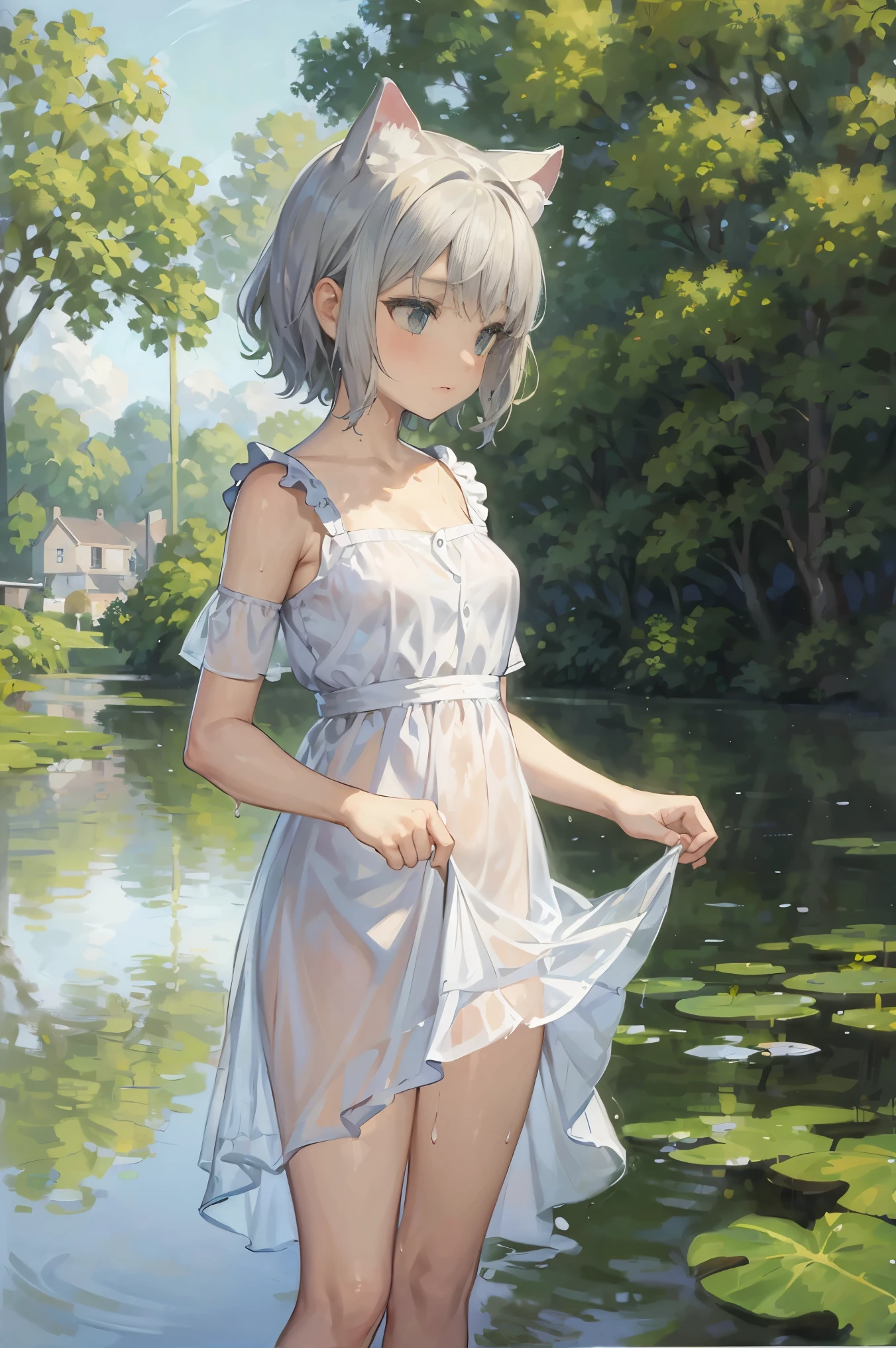 In Claude Monet style, Impressionism, 1girl, upper body focus, (white camisole dress), 14 year old, full body Esbian, short silver hair, pond, wet, ((curtsey)), cat ear, nipples through, see-through