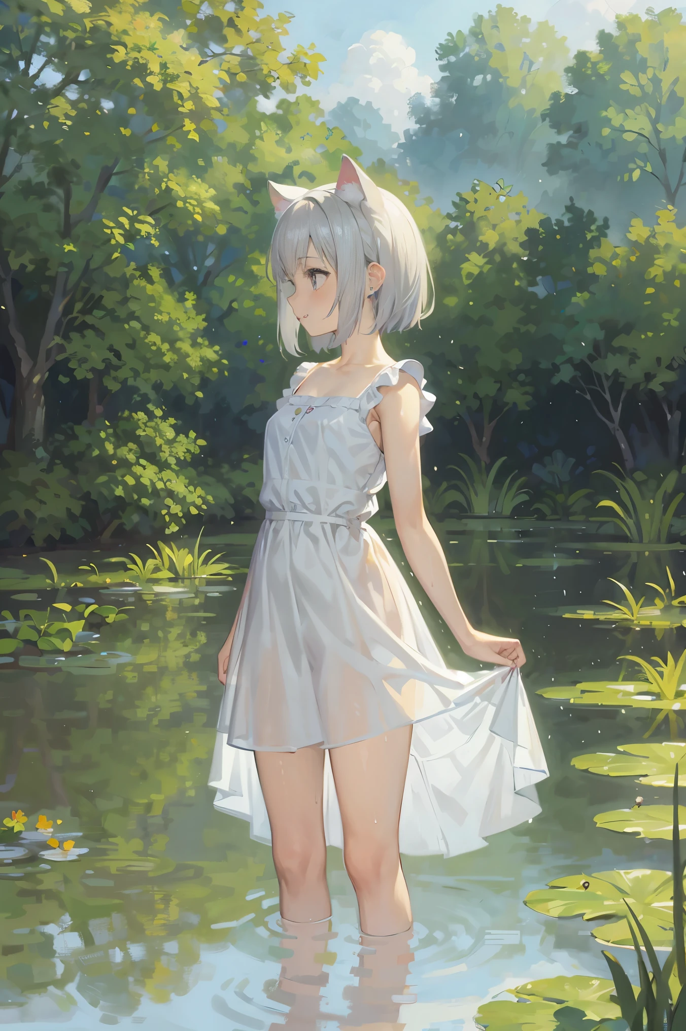 In Claude Monet style, Impressionism, 1girl, upper body focus, (white camisole dress), , full body Esbian, short silver hair, pond, wet, ((curtsey)), cat ear, nipples through, see-through