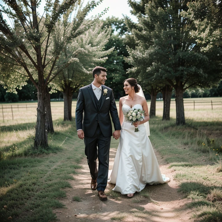 Wedding couple leaving church in the field holding hands