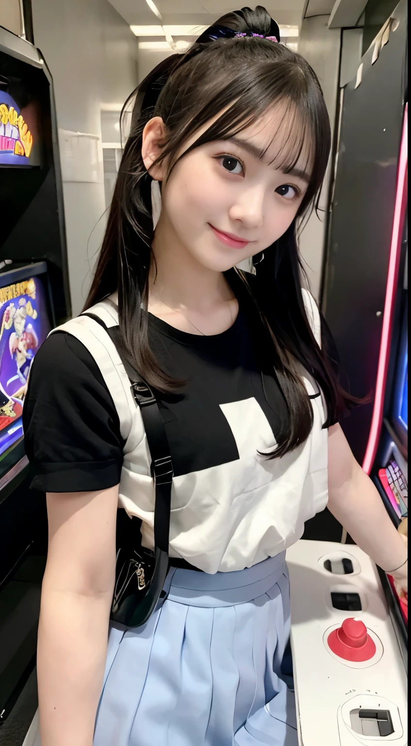 masterpiece, best quality,   kawaii face, black hair, ponytail,  {{}}, A high school girl playing Street Fighter II in a video arcade,
She is looking at the screen, laughing, cyberpunk, 