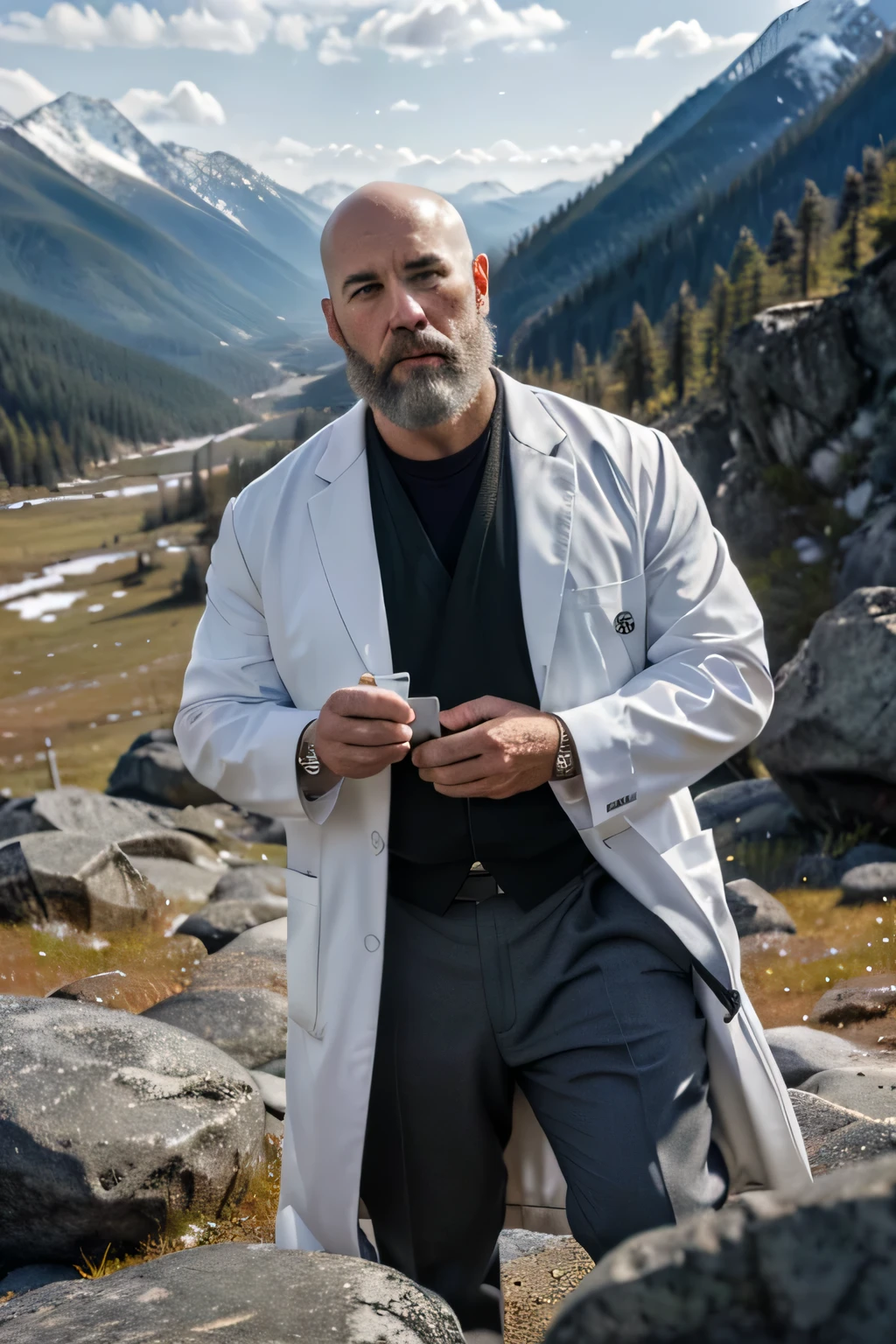 Masterpiece, best quality), 8k wallpaper, high detail, bald professor in a white lab coat of a full-bodied professor against the background of the Altai Mountains, with a gray beard holding a large black shapeless rocky stone