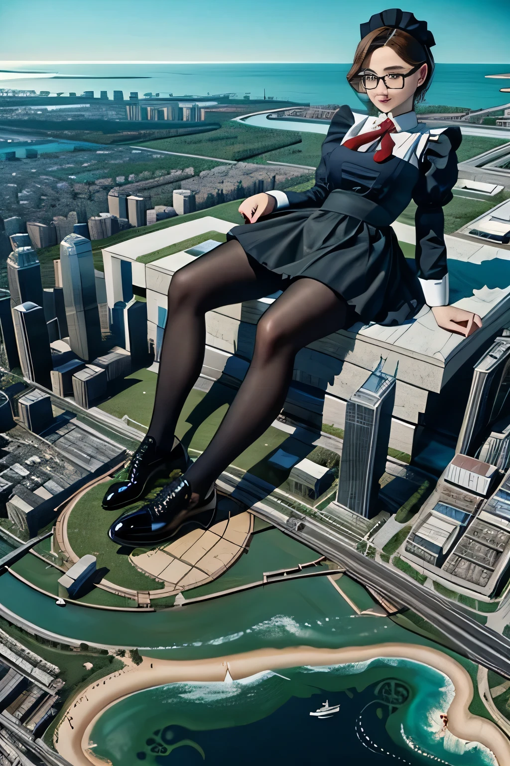 giantess art, 非常に詳細なGiantショット, Giant, short hair, black pantyhose, A maid that is much bigger than a skyscraper, wearing rimless glasses, big breasts, big butt, navy maid uniform, black pantyhose, black shoes, very small metropolis, miniature metropolis, full body description, gts, giga giantess, stomping city, crash city, tiny city, micro city, maid, a plan of a city, 