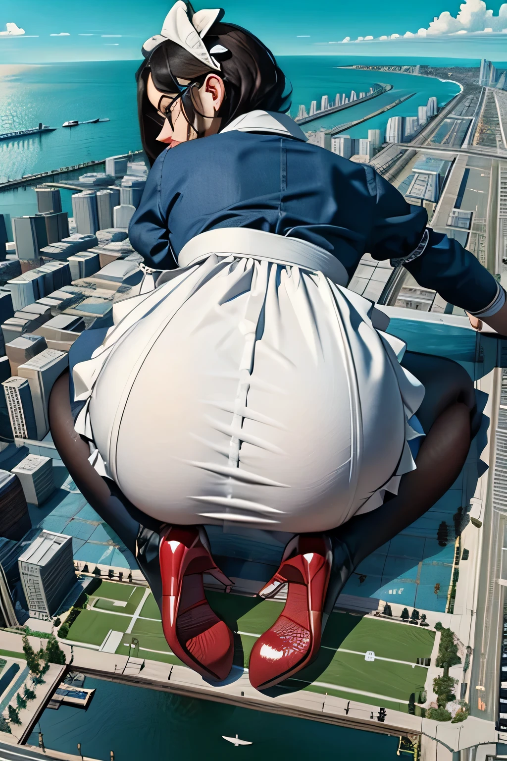 giantess art, 非常に詳細なGiantショット, Giant, short hair, black pantyhose, A maid that is much bigger than a skyscraper, wearing rimless glasses, big breasts, big butt, navy maid uniform, black pantyhose, black shoes, very small metropolis, miniature metropolis, full body description, gts, giga giantess, stomping city, crash city, tiny city, micro city, maid, a plan of a city, 