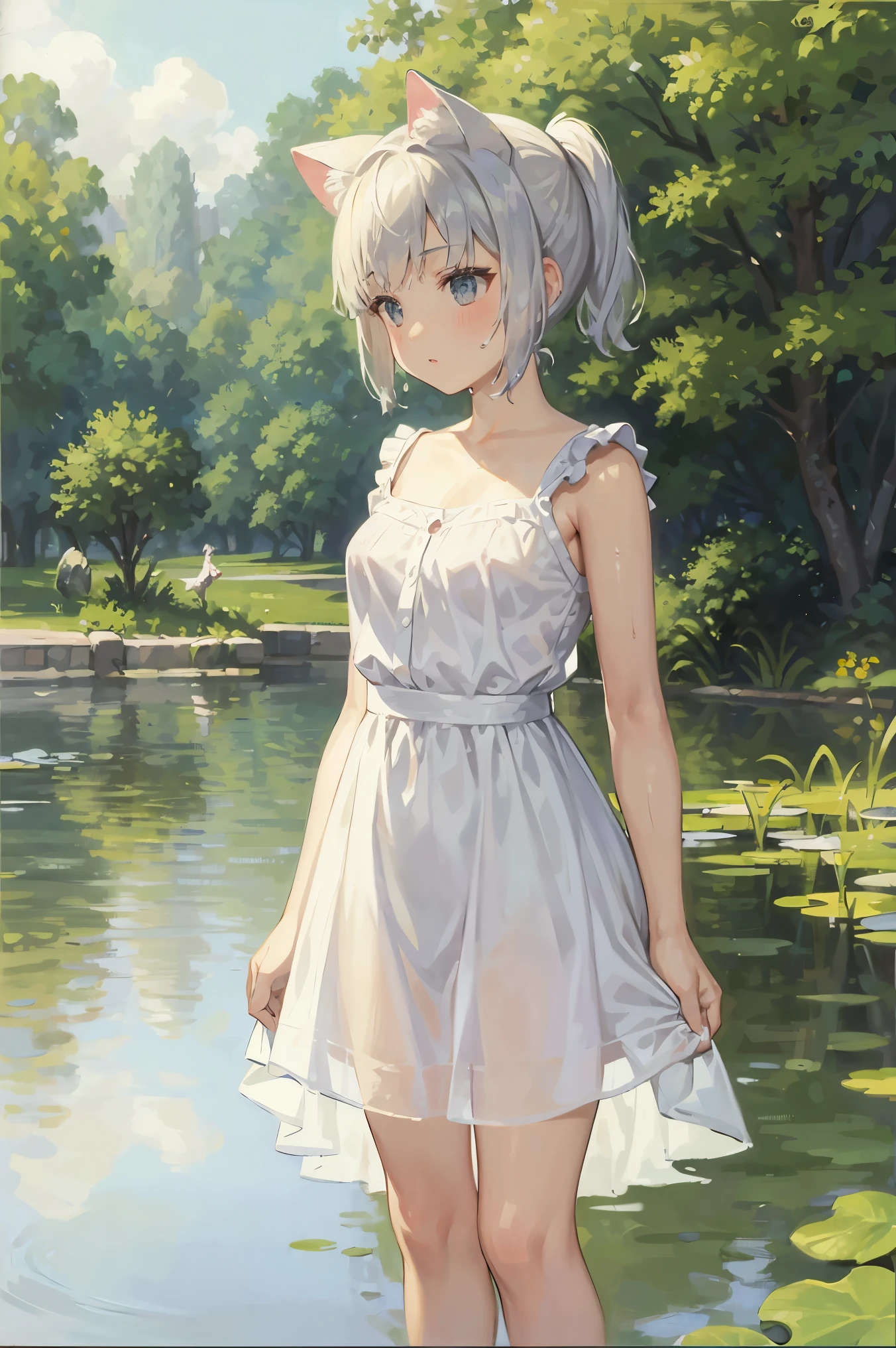 In Claude Monet style, Impressionism, 1girl, upper body focus, (white camisole dress), 14 year old, full body Esbian, short silver hair, pond, wet, ((curtsey)), cat ear, nipples through, see-through