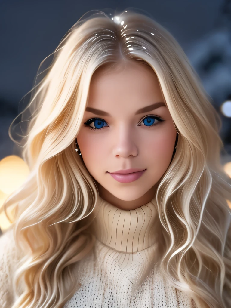 (Extreme Close up portrait:1.3), ultra hot gorgeous European woman, age 23, subtle smile. Blond wavy hair. Green eyes. (she is standing in a snowy village at night:1.4). Loose wool sweater. Perfect anatomy, perfect hair, perfect body, perfect hands, perfect face, UHD, retina, masterpiece, accurate, anatomically correct, textured skin. Winter starry night, northern lights