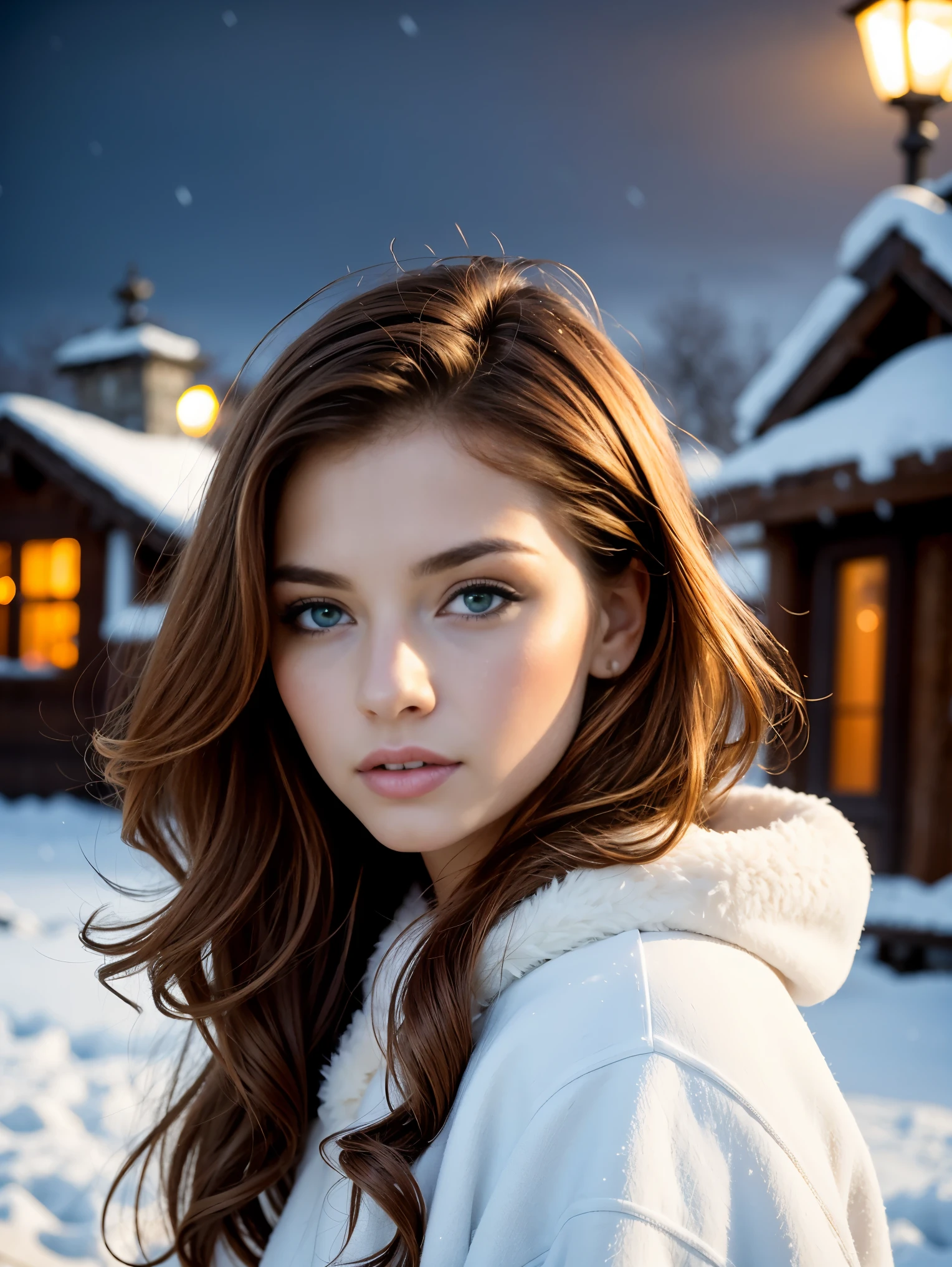 (Close up portrait:1.3), (from above:1.1). an ultra hot gorgeous European woman, age 23, she’s a playmate, men magazine model. (She has round little face and cheeks:1.3) Flirts with camera, subtle smile. (Ginger wavy hair. Green eyes:1.2) (she’s standing in a snowy village at night:1.4). Loose wool sweater.Perfect anatomy, perfect hair, perfect breast, perfect body, perfect hands, perfect face, UHD, retina, masterpiece, accurate, anatomically correct, textured skin. Winter starry night, northern lights