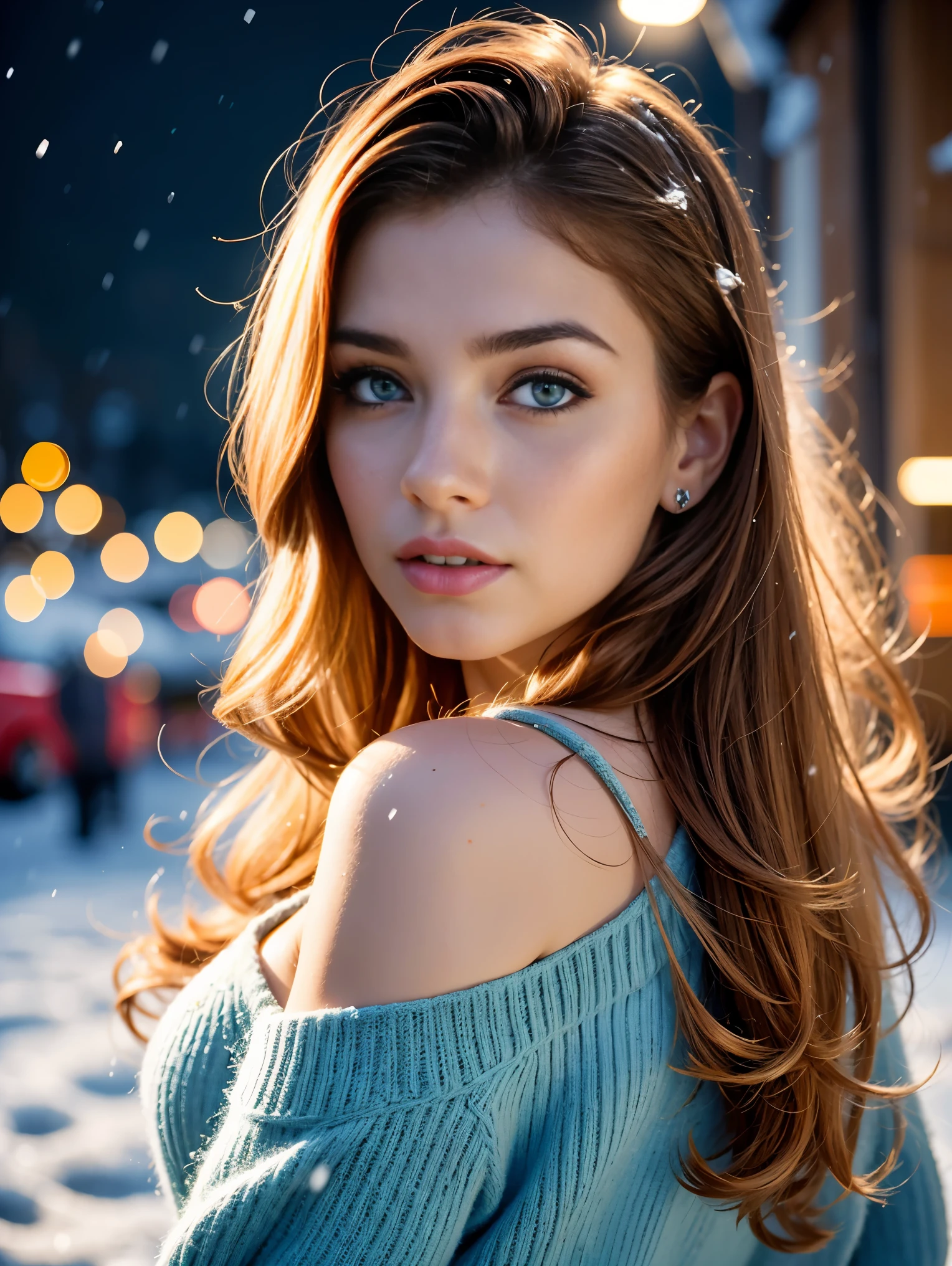 (Close up portrait:1.3), (from above:1.1). an ultra hot gorgeous European woman, age 23, she’s a playmate, men magazine model. (She has round little face and cheeks:1.3) Flirts with camera, subtle smile. (Ginger wavy hair. Green eyes:1.2) (she’s standing in a snowy village at night:1.4). Loose wool sweater.Perfect anatomy, perfect hair, perfect breast, perfect body, perfect hands, perfect face, UHD, retina, masterpiece, accurate, anatomically correct, textured skin. Winter starry night, northern lights