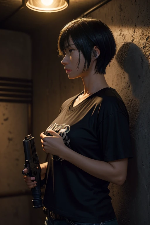 Photos, (Photorealistic: 1.4), (Hyperrealistic: 1.4), (Cinematic: 1.5), Woman in her 20s, Japan, Woman with a Gun, (Desert Eagle), Nikita, Night, Blue Light, Tension, Short Hair, Holding a Gun in Two Hands, Basement, Black T-Shirt, Electrical Cord on Wall, Water Pipe