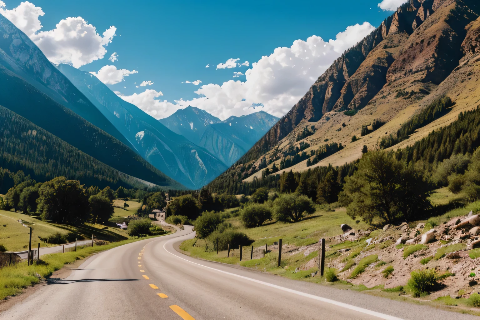 A narrow, winding unpaved country road leading into the mountains