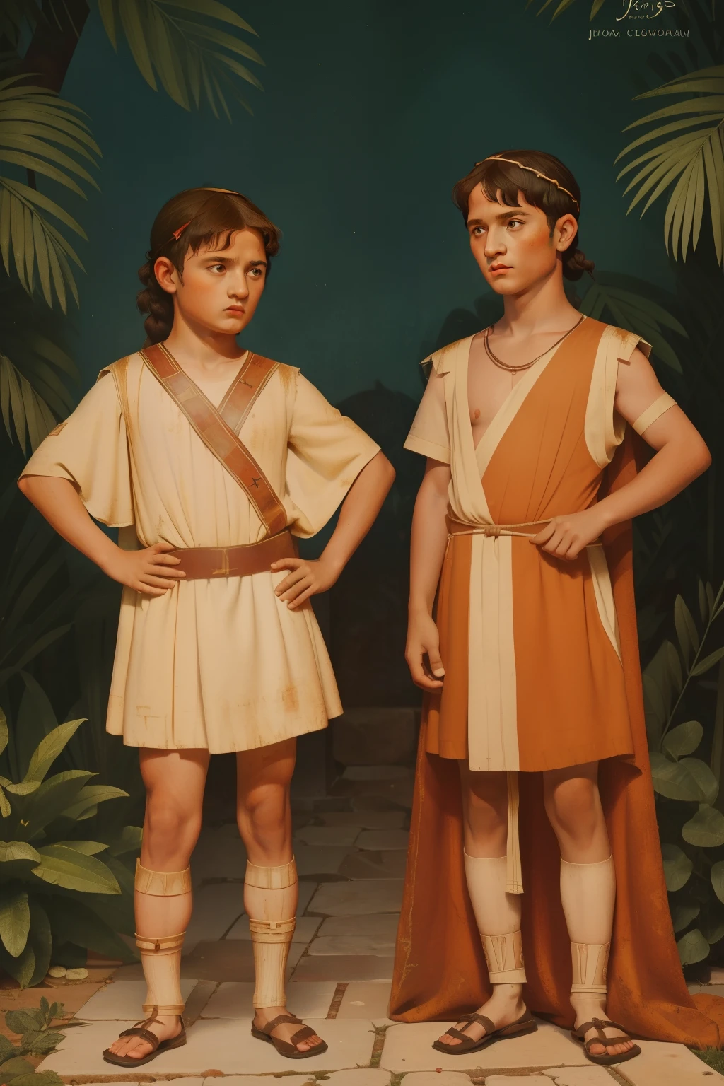 Rome, 77 BC. A little ((((9-year-old)) Julius Caesar)), with his friend Titus Labienus, standing in formation, Campus Martius, ((serious expression)). ((((roman clothings from the 1st century BC)))) ((ancient rome hairstyle))