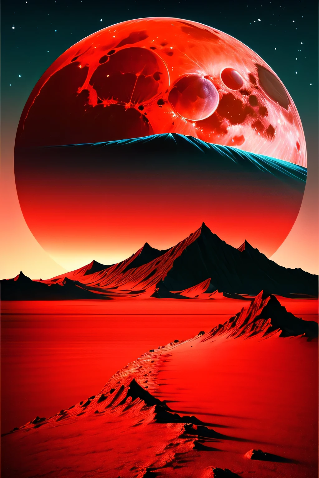 Generate an image of a red moon rising over a distant planet or moon, casting a warm glow on the landscape. Experiment with different terrains and atmospheric effects.