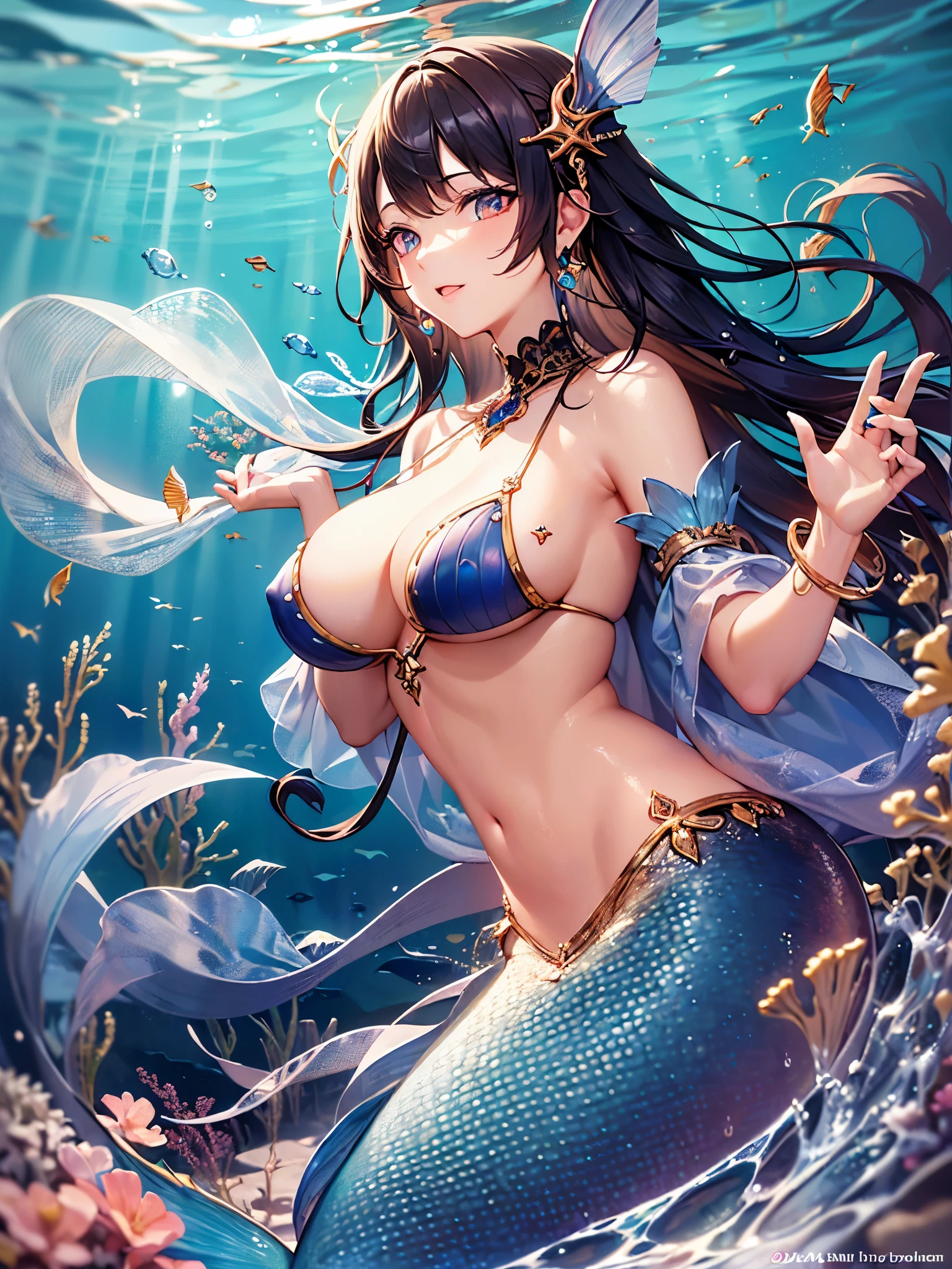 ((highest quality)),(ultra high resolution),(Super detailed),(detailed description),((best CG)),(best work of art),super precision art,great drawing art,(Fantasy art with precise details:1.5), (one woman mermaid princess:1.5),Beautifully shining scales that are detailed and detailed:1.6(Swim in the sea:1.6),coral reef:1.3,tropical fish:1.3