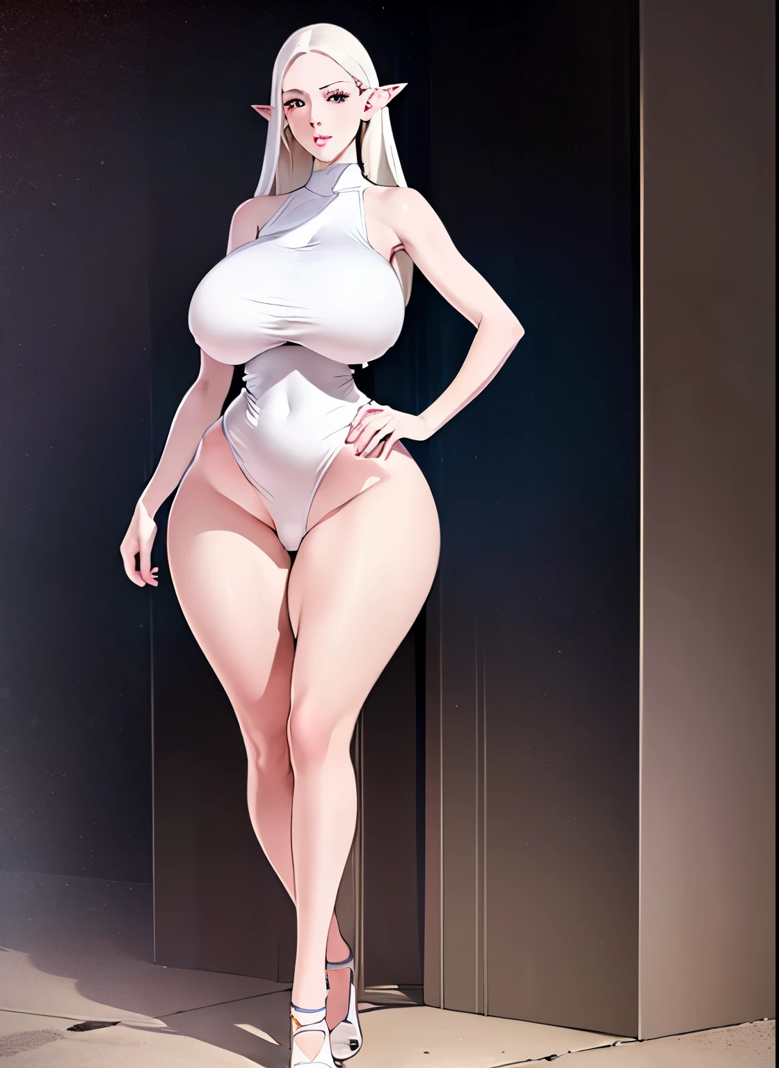 (masterpiece), (best quality), ((High Quality)), Ultra High Quality, (Face Detailed), (Ultra High Detailed), (extremely detailed), 1 girl, Elf ears, yellow eyes, white hair, long hair, pink lips, (Big breasts : 1.5), slender abs, (wide hips : 1.5), long legs, white gown, (Full body), white heels