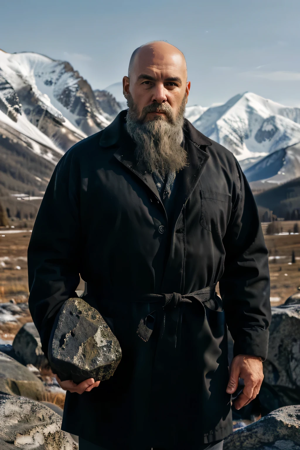 Masterpiece, best quality), 8k wallpaper, high detail, bald professor in a white lab coat of a full-bodied professor holding a large black shapeless rocky stone, against the background of the Altai Mountains, with a gray beard