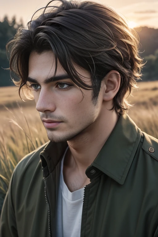 (best quality,4k,realistic:1.2),25-year-old boy,grass,nature,messy hair,short hair
