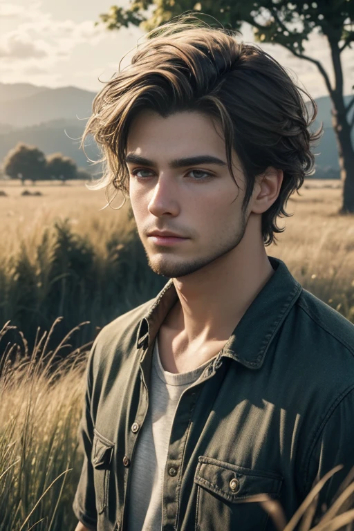 (best quality,4k,realistic:1.2),25-year-old boy,grass,nature,messy hair,short hair