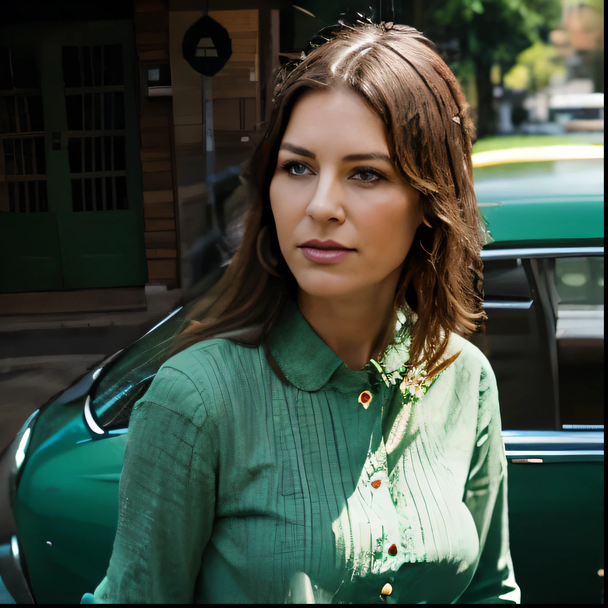 40 year old woman in front of an entirely green car