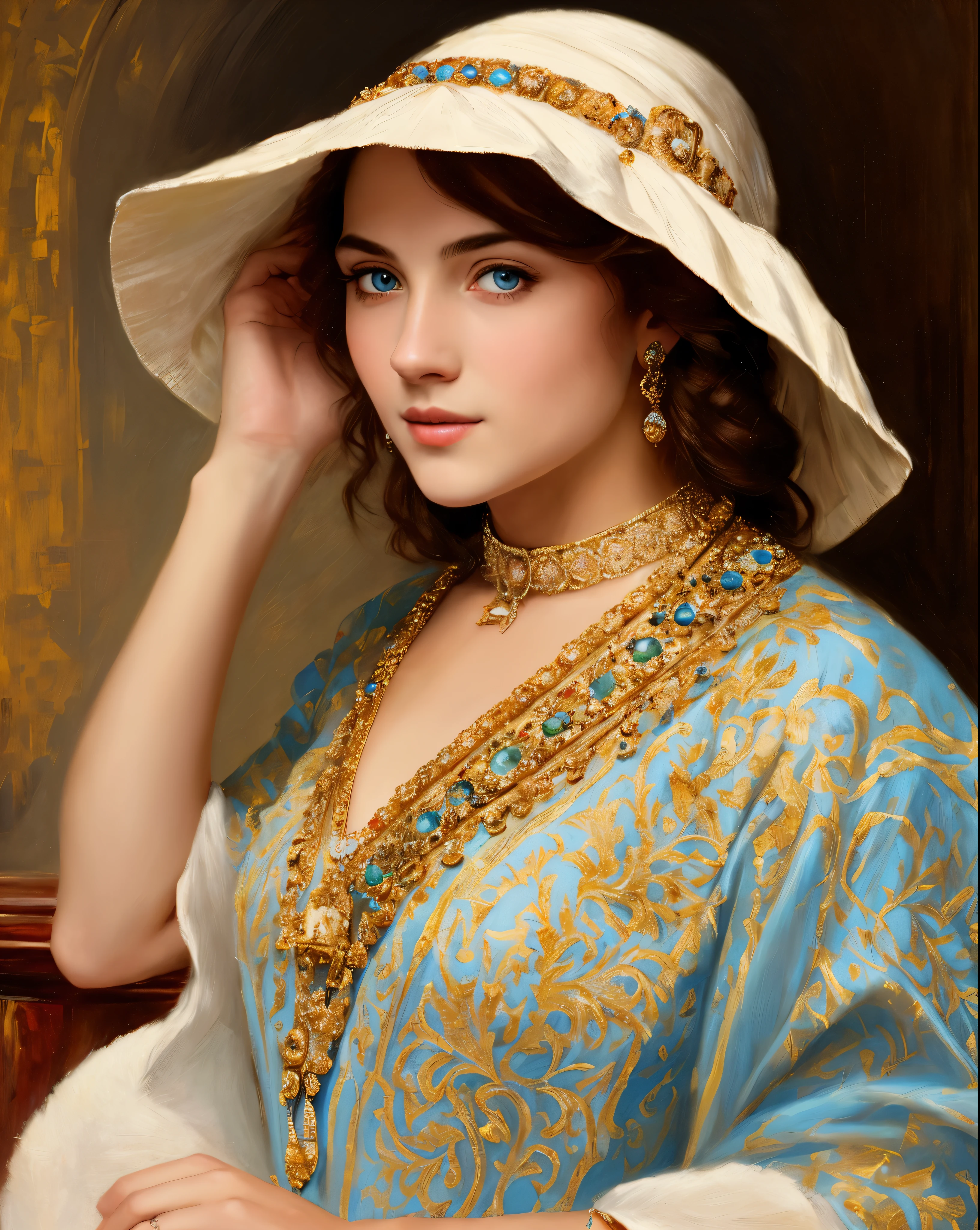 portrait, girl, middle ages, classicism, andrey atroshenko style, painting, pierced eyes, beautifully styled hair, traditional media, realistic, figurative, fine art, oil on canvas, HDR, 8K, original character, high resolution, high detail, focus on the face, beautiful eyes , perfect fingers, intricate details,
