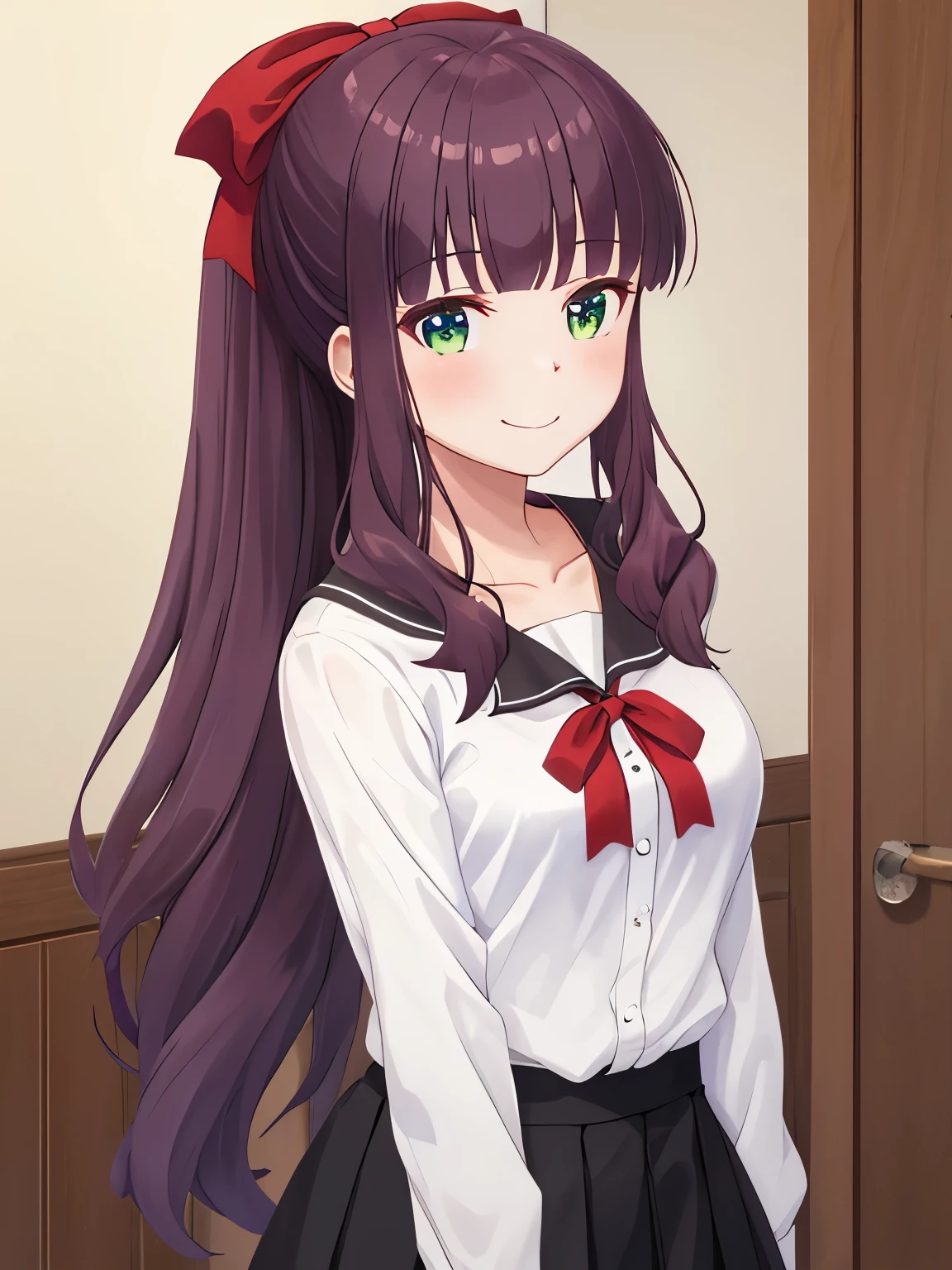 highest quality,Takimoto　Hifumi、 masterpiece, High resolution, alone, {Takimoto_hifumi_New Games:1.15}, length_hair, 前hair, green_eye, dull_前hair, red面, ponytail, Brown_hair, purple_hair, hair_bow,white＿shirt、skirt＿red、ribbon＿red、 1 girl, side lock, clavicle, closed_mouth、smile、