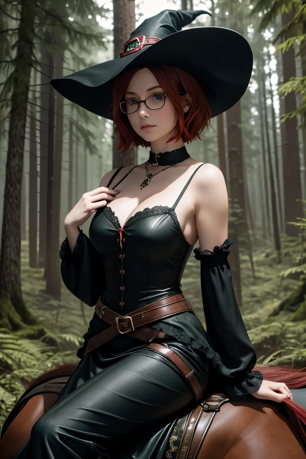 Short, Red hair, green eyes, young, cute witch in a pointed hat, with size 2 breasts, wearing metal-framed glasses sitting on a horse, against the background of the forest