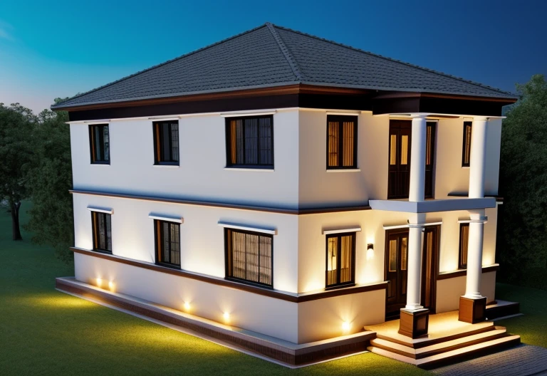 Masterpiece, Realistic images, extremely detailed, a modern house, 1 road in font of house, large yard made by ceramic, (1 car), brick fence, lawn, a few small flowers, a road in front of the house, main materials of the house are white walls and red brick, (((Modern design, clear blue sky, sunrise light, light from inside, dynamic light,shimering light, cinematic light, romantic feeling, day light)))