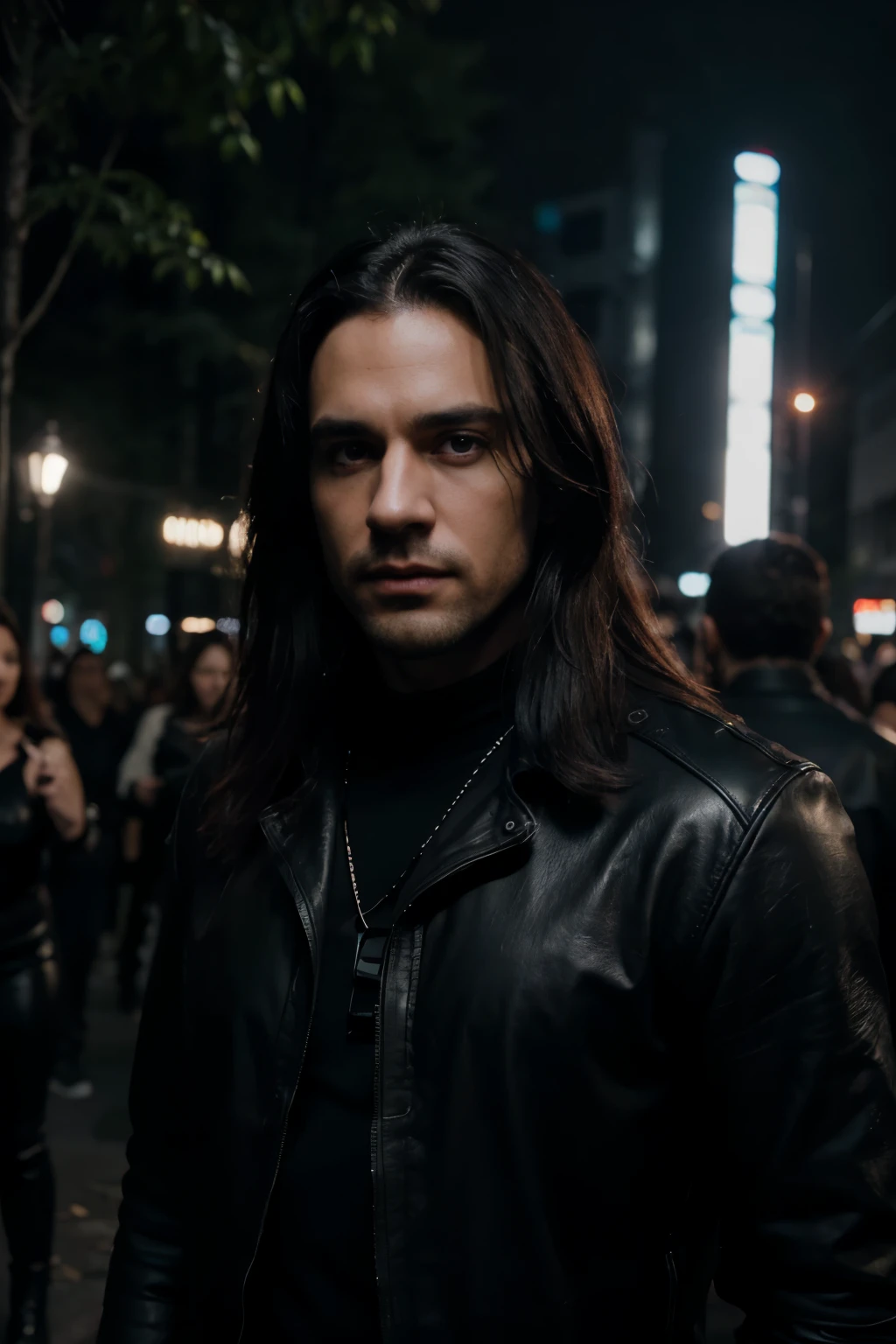 masterpiece, realistic eyes, white male, best quality, beautiful lighting, professional lighting, photon mapping, physically-based rendering, 1 male, black hair, forehead, black leather clothes, black leather harness, 6 pack, gay handsome male, long hair, black hair, open mouth, brown eyes, techno attitude, techno raver, serious, dark sky, night time, age 30,, (RAW photo, 8k uhd, film grain) dark forest, night time, dancing crowd in background