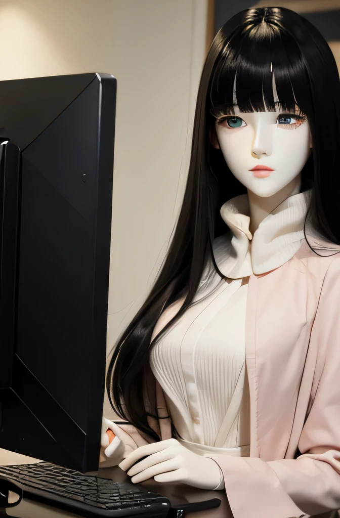 全身mannequin,そのmannequinは美しいです,あのmannequinは女子高生です,mannequinの身長は165cmです,mannequinの色&#39;my face is white.,mannequinの色&#39;The body is pure white.,mannequin has black hair( straight hair,bangs),mannequin has a long, thin face.,mannequinの色&#39;lips are light pink.,mannequin&#39;eye color is black,mannequin is stroking the computer.,mannequinはコートを着ています
